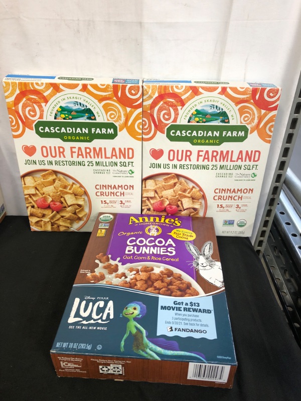 Photo 1 of 3PC LOT
Annie's Organic Cocoa Bunnies Breakfast Cereal, 10 oz,EXP 01/14/22

Cascadian Farm Organic Cinnamon Crunch Cereal, Whole Grain Cereal, 9.2 oz, 2 COUNTT, EXP 09/21/21
