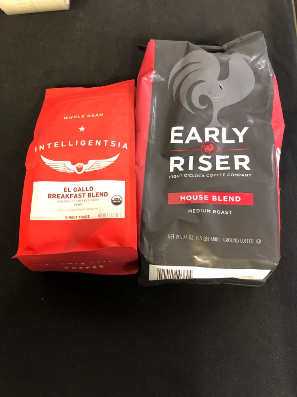 Photo 1 of 2PC LOT
Early Riser House Blend Ground Coffee, 24 Ounce EXP 03/11/22

Intelligentsia, El Gallo Organic Breakfast Blend - Whole Bean Coffee - 11 Ounce Bag, USDA Organic, Direct Trade EXP 06/20/21
