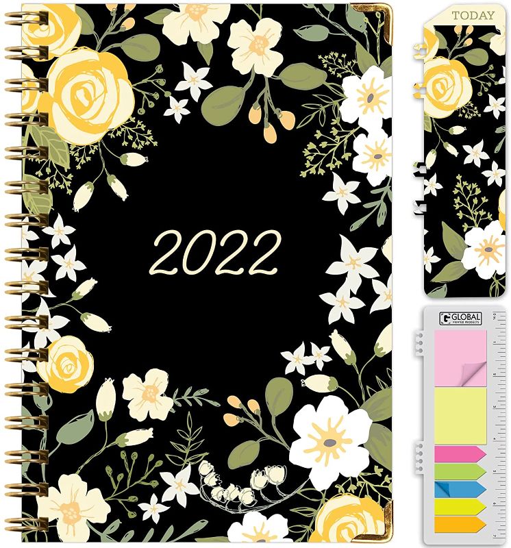 Photo 1 of HARDCOVER 2022 Planner: (November 2021 Through December 2022) 5.5"x8" Daily Weekly Monthly Planner Yearly Agenda. Bookmark, Pocket Folder and Sticky Note Set (Black Floral Yellow)
