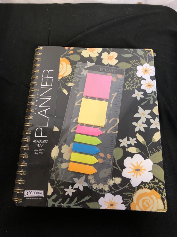 Photo 2 of HARDCOVER 2022 Planner: (November 2021 Through December 2022) 5.5"x8" Daily Weekly Monthly Planner Yearly Agenda. Bookmark, Pocket Folder and Sticky Note Set (Black Floral Yellow)
