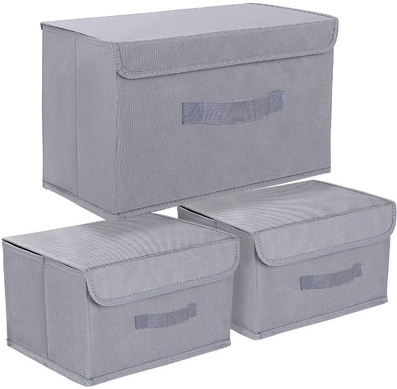 Photo 1 of  Storage Bins with Lids, 3 Packs Storage Bins for Closet Shelves Home Foldable Cloth Storage Organizer with Reinforced Handle (Grey)