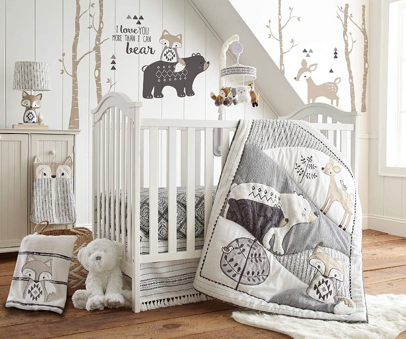 Photo 1 of Levtex Baby - Bailey Crib Bed Set - Baby Nursery Set - Charcoal, Taupe, White - Neutral Forest Theme - 5 Piece Set Includes Quilt, Fitted Sheet, Diaper Stacker, Wall Decal & Skirt/Dust Ruffle
