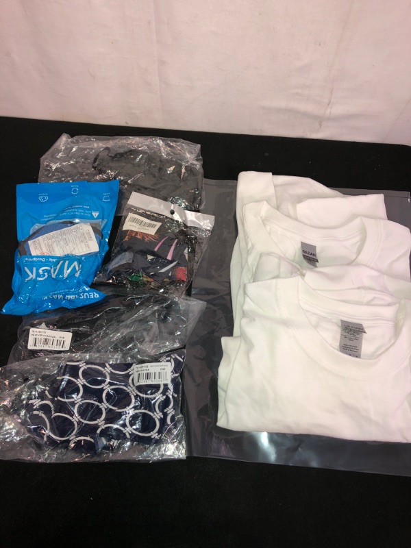 Photo 1 of 6PC LOT, MISC ITEMS, SOLD AS IS 
2PK SHIRTS SIZE L, 5PK FACE MASKS 