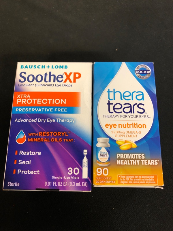 Photo 1 of 2PC LOT
TheraTears 1200mg Omega 3 Supplement for Eye Nutrition, Organic Flaxseed Triglyceride Fish Oil and Vitamin E, 90 Count
EXP 01/24

Eye Drops by Bausch & Lomb, Lubricant Relief for Dry Eyes, Soothe XP, Preservative Free, Single Use Dispensers, 0.3 m