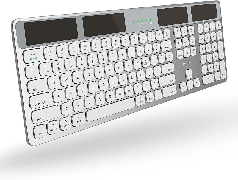 Photo 1 of Macally Bluetooth Wireless Solar Keyboard for Mac - Rechargeable via Any Light Source (150 hr Battery Life) - Mac Wireless Keyboard with Numeric Keypad & 21 Apple Shortcuts - Silver Aluminum

