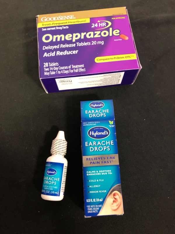 Photo 3 of 2PC LOT
GoodSense Omeprazole Delayed Release Tablets 20 mg, Stomach Acid Reducer for Frequent Heartburn Treatment, 28 Count EXP 02/22

Ear Drops for Swimmers Ear and Allergy Relief for Kids and Adults by Hyland's, for Clogged Ears, Earaches, Fast Natural 