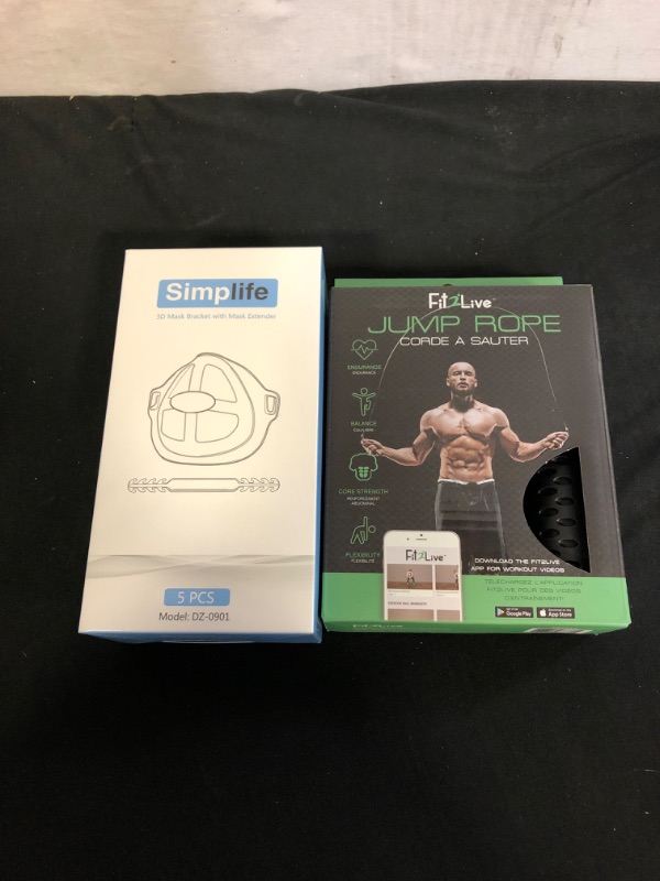 Photo 1 of 2PC LOT
Jump Rope for Fitness - Premium Gym Workout Rope with Adjustable 9-Foot Length, Ideal for Crossfit, Speed Training, Skipping, Boxing and Sports - by Fit2Live

Mask Bracket, Face Bracket for Mask with Mask Extenders/Ear Savers,5 Pieces of Mask Fram