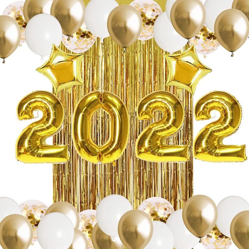 Photo 1 of 2022 New Year Party Decorations 32" 2022 Gold Foil Balloons with Tinsel Curtain Stars Foil Balloons Confetti Balloons for 2022 New Year Eve Party Decoration 2022 Party Supplies
