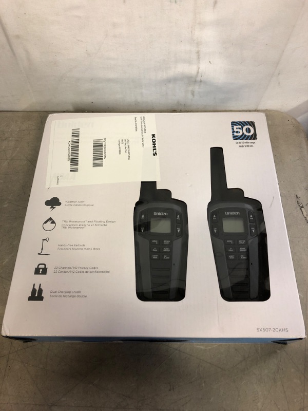 Photo 2 of Uniden SX507-2CKHS Up to 50 Mile Range Two-Way Radio Walkie Talkies W/Dual Charging Cradle, Waterproof, Floats, 22 Channels, 142 Privacy Codes, NOAA Weather Scan + Alert, Includes 2 Headsets
