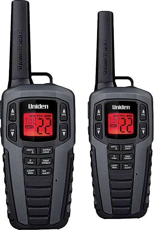 Photo 1 of Uniden SX507-2CKHS Up to 50 Mile Range Two-Way Radio Walkie Talkies W/Dual Charging Cradle, Waterproof, Floats, 22 Channels, 142 Privacy Codes, NOAA Weather Scan + Alert, Includes 2 Headsets
