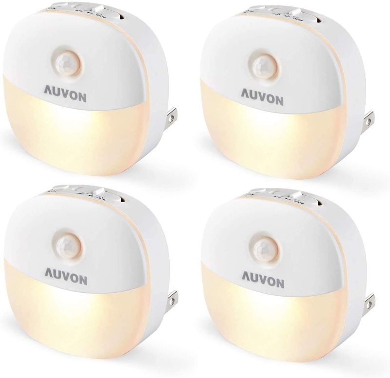 Photo 1 of AUVON Plug-in LED Motion Sensor Night Light, Mini Warm White LED Nightlight with Dusk to Dawn Motion Sensor, Adjustable Brightness for Bedroom, Bathroom, Kitchen, Hallway, Stairs (4 Pack)
