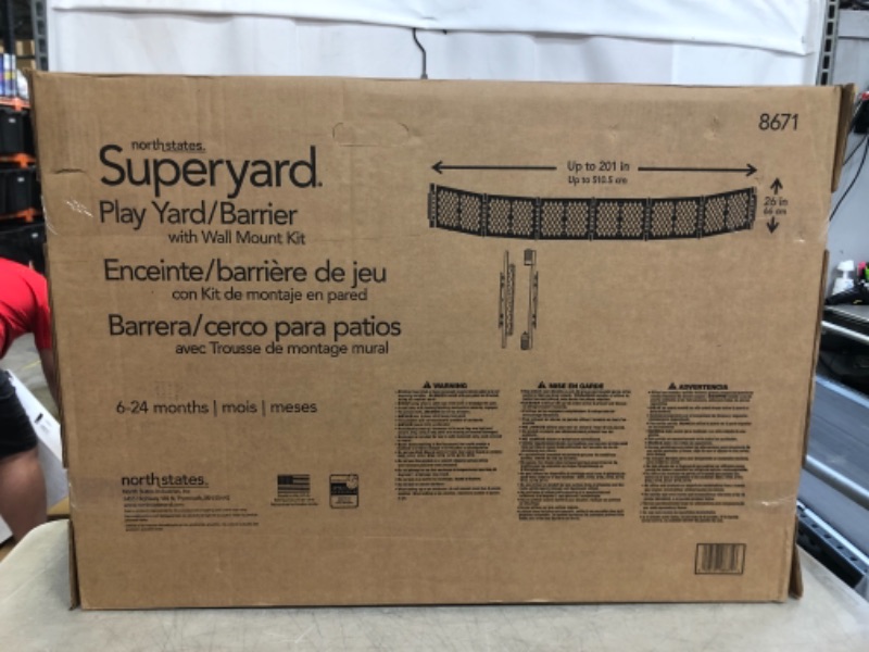 Photo 2 of Toddleroo by North States Superyard 6 Panel Baby Play Yard/Barrier with Wall Mount Kit, Made in USA: Extra wide barrier or safe play area. 38.5" - 201" wide, 18.5 ft. enclosure (26" tall, Gray)
