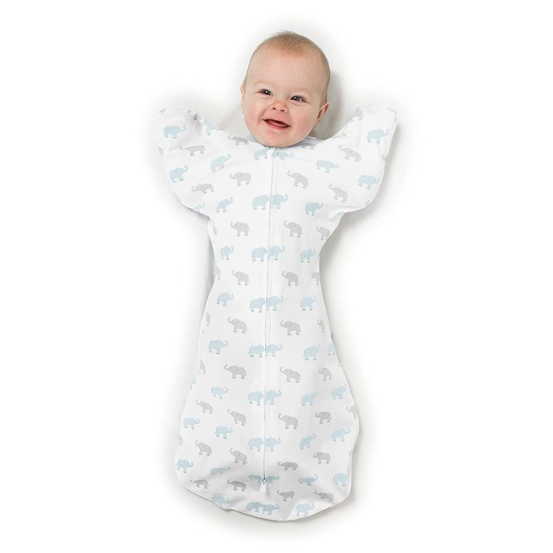 Photo 1 of Amazing Baby Transitional Swaddle Sack with Arms Up Half-Length Sleeves and Mitten Cuffs, Tiny Elephants, Blue, Medium, 3-6 Months 