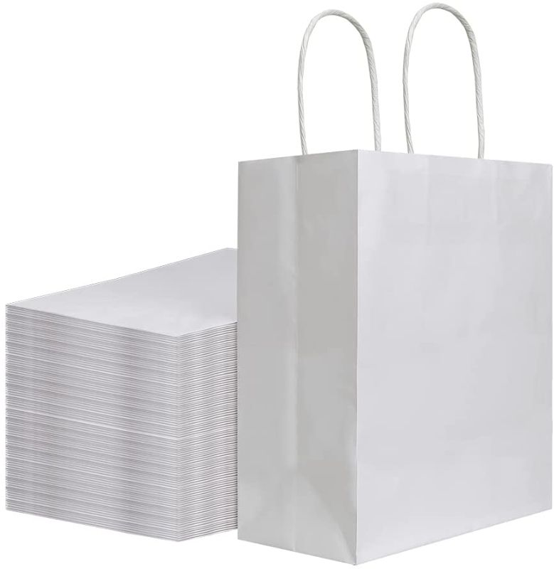 Photo 1 of 100Pcs Pack 8x4.75x10 inch Medium White Kraft Paper Bags with Handles Bulk, Bagmad Gift Bags, Craft Grocery Shopping Retail Birthday Party Favors Wedding Sacks Restaurant Takeout, Business (100)