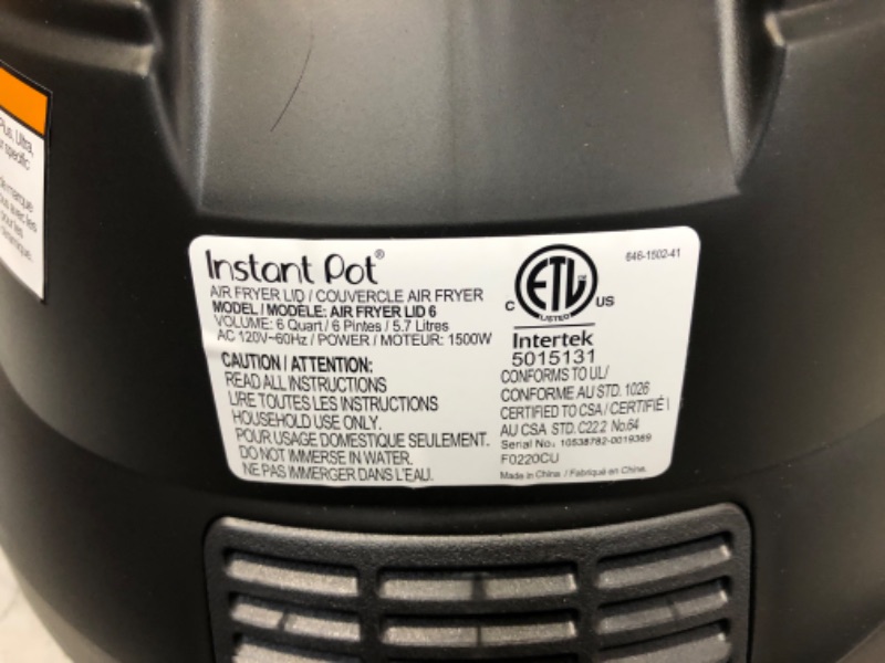 Photo 5 of Instant Pot Air Fryer Lid 6 in 1, No Pressure Cooking Functionality, 6 Qt, 1500 W
