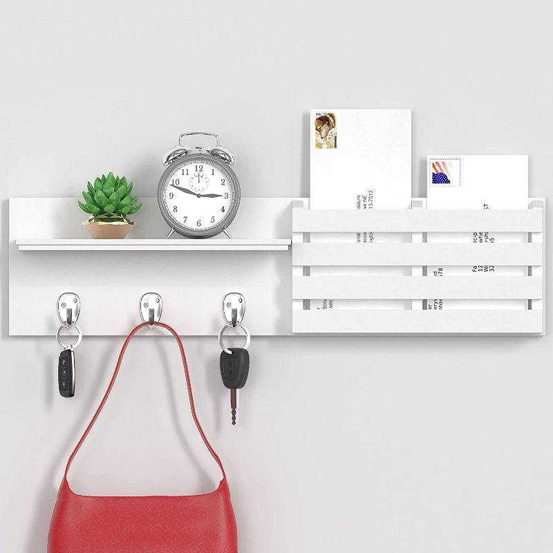 Photo 1 of Ballucci Mail Holder and Key Rack Entryway Organizer, Wall Mount Wood Coat Rack, Purse Holder with Floating Storage Shelf and 3 Metal Key Hooks, 24x6 inches - White
