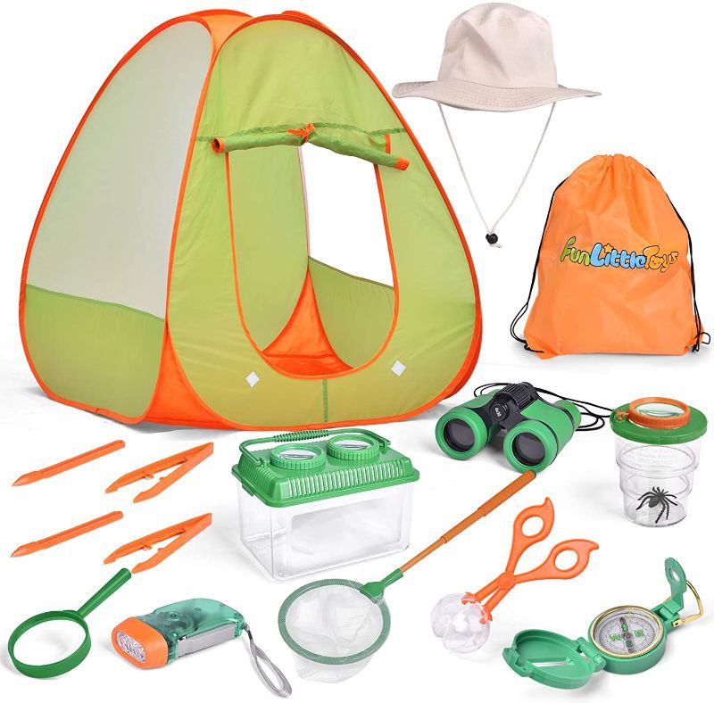 Photo 1 of FUN LITTLE TOYS Kids Explorer Kit, Pop Up Tent with Binoculars, Compass, Flashlight, Camping Toys Outdoor Adventure Kits for Boys and Girls, Bug Catcher Kit for Kids

