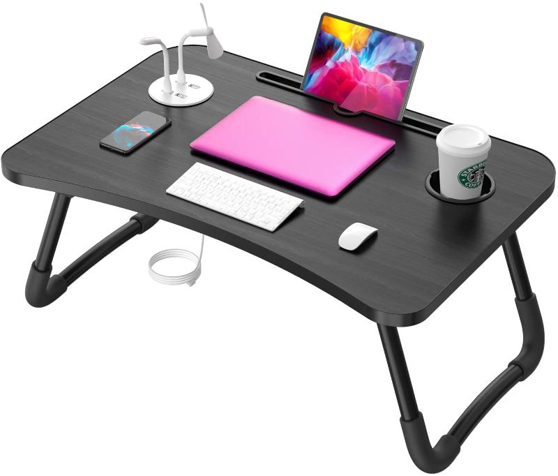 Photo 1 of Elekin Laptop Desk for Bed,Portable Folding Lap Desk Bed Table Standing Work Table Bed Tray with 4 USB Port/Cup Holder for Bed Couch/Sofa (Mini Lamp,Fan)
