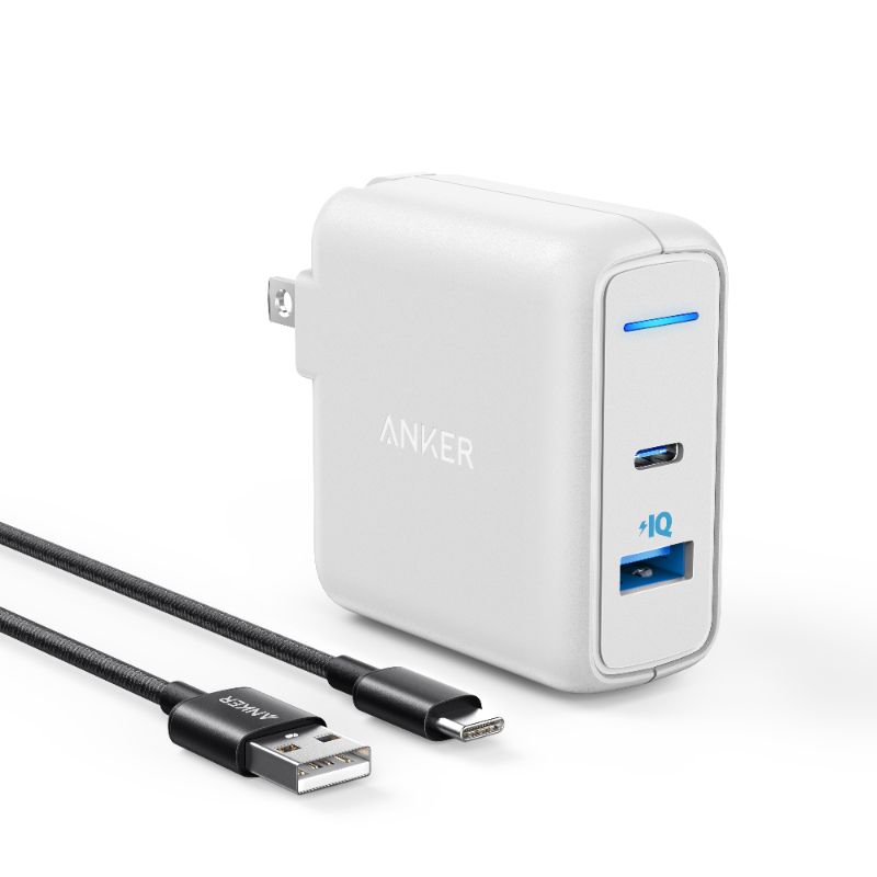 Photo 1 of Anker 2-Port PowerPort 27W USB-C & USB-a Wall Charger (with 6' USB-C to USB-a Braided Nylon Cable) - White