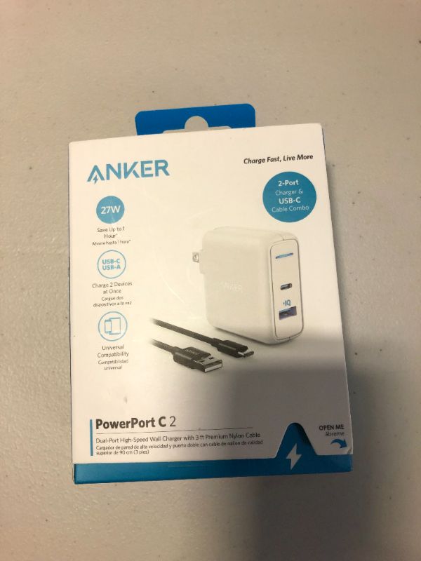 Photo 2 of Anker 2-Port PowerPort 27W USB-C & USB-a Wall Charger (with 6' USB-C to USB-a Braided Nylon Cable) - White