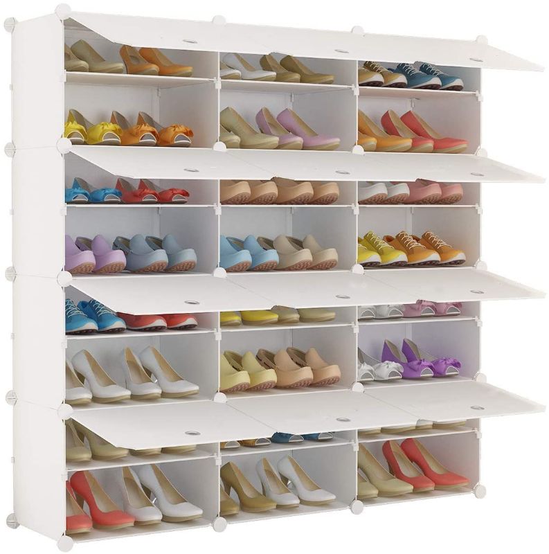 Photo 1 of KOUSI Portable Shoe Rack Organizer 24 Grids Tower Shelf Storage Cabinet Stand Expandable for Heels, Boots, Slippers, White
