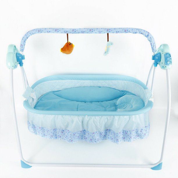 Photo 1 of Baby Cradle Swing 3 Speed Electric Stand Crib Auto Rocking Chair Bed with Remote Control Infant Musical Sleeping Basket for 0-18 Months Newborn Babies, Mosquito Net+Mat+Pillow Blue
