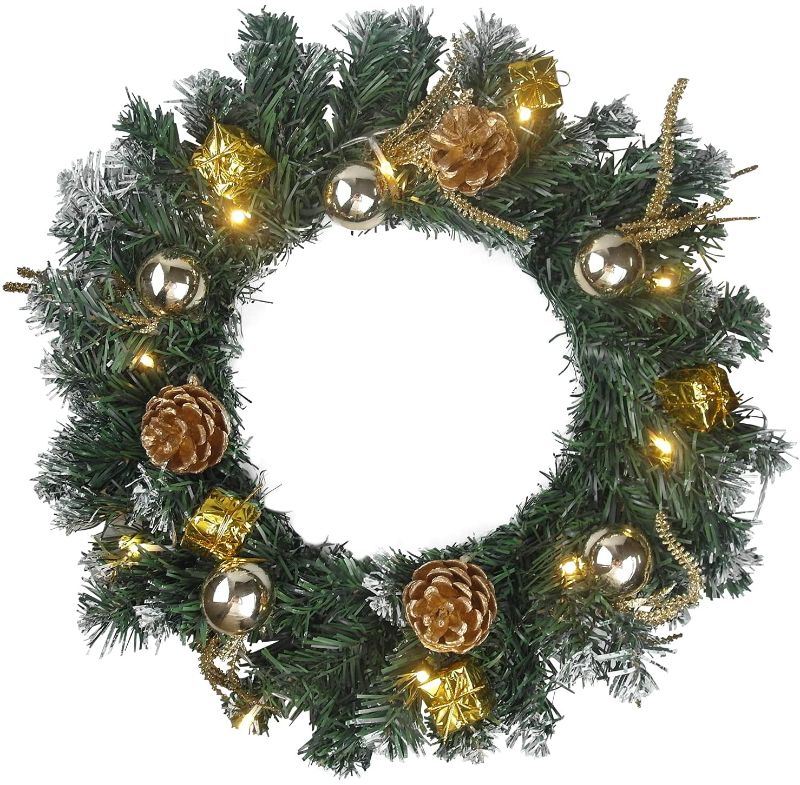 Photo 1 of 16 Inches Gold Prelit Christmas Door Wreath with Pine Cones and Gifted Decorations, Flocked Artificial Wreath with Ball Ornament for Front Door Holiday Outdoor Indoor Car Home Party (Gold Wreath)
