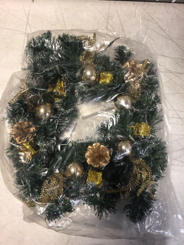 Photo 1 of 16 Inches Gold Prelit Christmas Door Wreath with Pine Cones and Gifted Decorations, Flocked Artificial Wreath with Ball Ornament for Front Door Holiday Outdoor Indoor Car Home Party (Gold Wreath)
