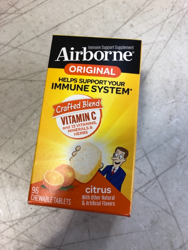 Photo 2 of Airborne 1000mg Vitamin C Chewable Tablets with Zinc, Immune Support Supplement with Powerful Antioxidants Vitamins A C & E - (96 count bottle), Citrus Flavor, Gluten-Free
exp date - 3 - 2022 