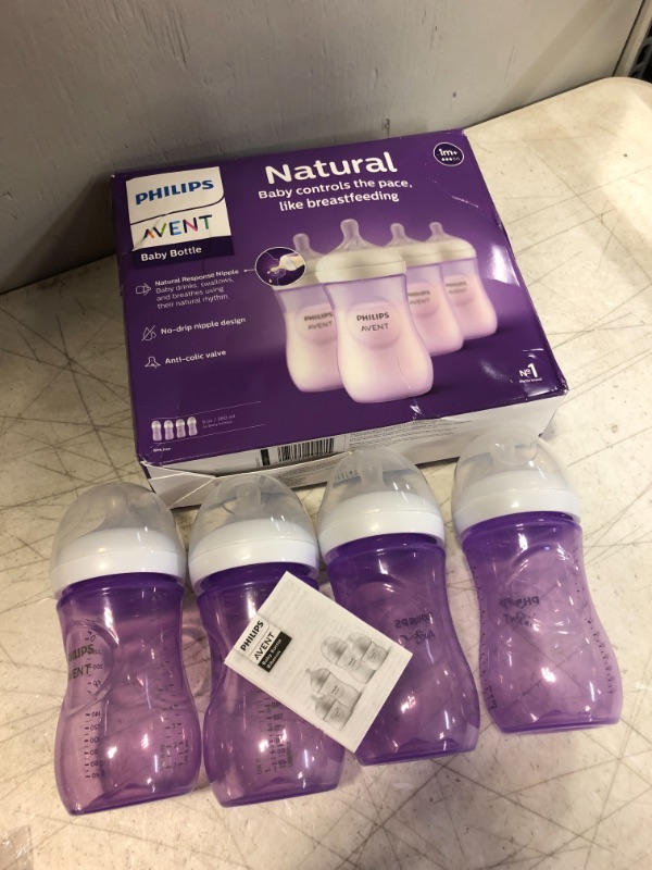 Photo 2 of Philips AVENT Natural Baby Bottle with Natural Response Nipple, Purple, 9oz, 4pk, SCY903/34
