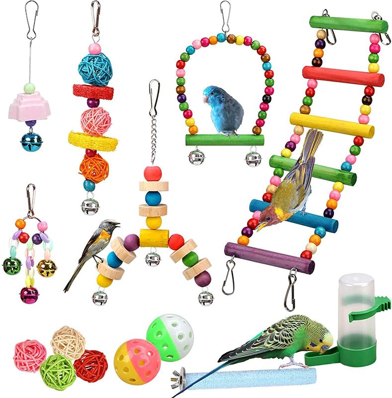 Photo 1 of 14 Pcs Bird Toys - Hanging Birds Cage Toys, Bells, Swings, Ladder, Chewing Toys, Rattan Balls, Molar, Water Feeder for Small and Medium Parrots, Parakeets, Cockatiels, Conures, Love Birds, Finches

