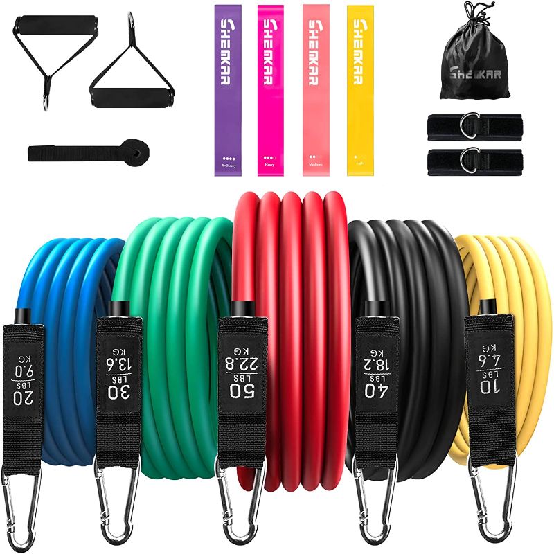 Photo 1 of Resistance Bands Set 17pcs Exercise Bands Stackable 5 Training Tube Up to 150lb, Durable Stretch Workout Bands with Handles, Ankle Straps, Door Anchor, Home Gym Workout Fitness Band Set for Men Women
