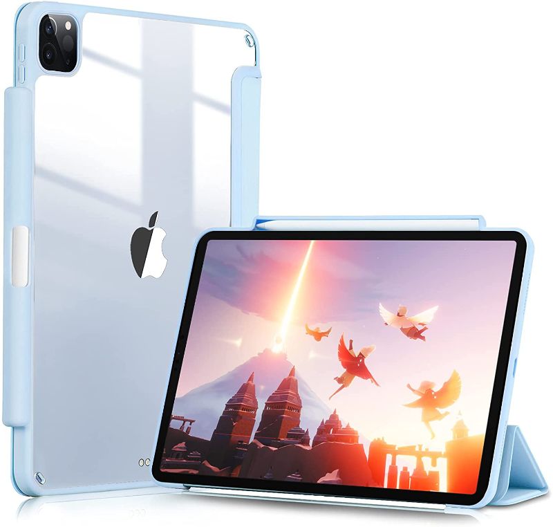 Photo 1 of GHINL Case for iPad Pro 11 Inch 3nd Generation 2021 & 2nd Gen 2020 with Pencil Holder[Pencil 2 Wireless Charging]Lightweight Acrylic Transparent Smart Trifold Stand Cover, Auto Sleep/Wake (Light Blue)

