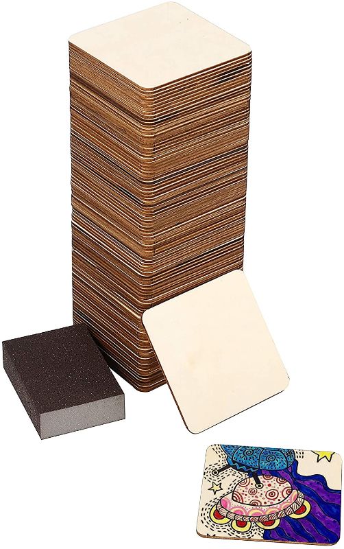 Photo 1 of 100 Pc Set of Unfinished Wood Squares Measure 4 x 4 x 0.1 Inch with Bonus Sander | DIY Arts and Crafts Projects, Painting, Woodburning, Signs and More | Wood Pieces are Smooth and Durable
