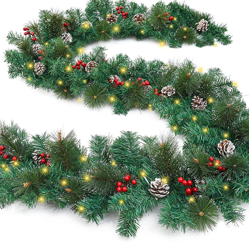 Photo 1 of 9 ft Pre-lit Christmas Garland Decoration with 50 Warm Lights, Battery Operated Waterproof Artificial Bushy Xmas Garlands, Lighted Bendable Christmas Garland with Timer, Indoor/Outdoor/Home/Fireplace
