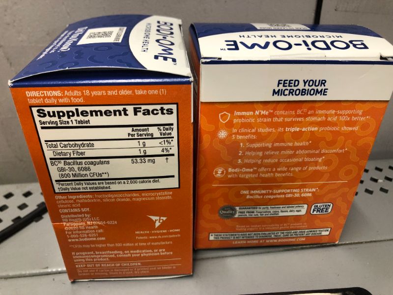 Photo 2 of 2 pack exp 03-2022 Probiotic Tablets For Immune and Microbiome Health*, Bodi-Ome Immune N’Me (32 count in a box), Clinically Proven Shelf-Stable Targeted Probiotics for Women Men Adults, Gluten Free, CFUs
