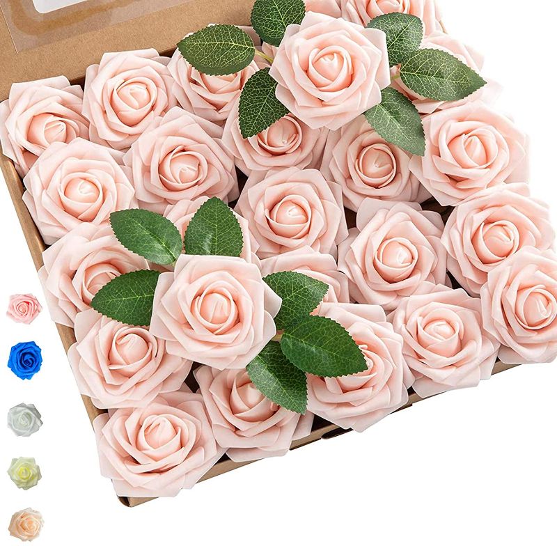 Photo 1 of 2 pack GeeSoft Valentine's Day Artificial Flowers Fake Roses Blush 50 PCS w/Stem Rose Flower Heads for Bouquets for Wedding Decorations Centerpieces Arrangements Party Home Garden Decor (Light Pink, 100pcs)
