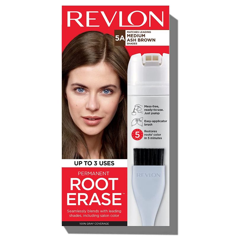 Photo 1 of 5-a  Revlon Root Erase Permanent Hair Color, At-Home Root Touchup Hair Dye with Applicator Brush for Multiple Use, 100% Gray Coverage, Medium Ash Brown (5A), 3.2 oz
