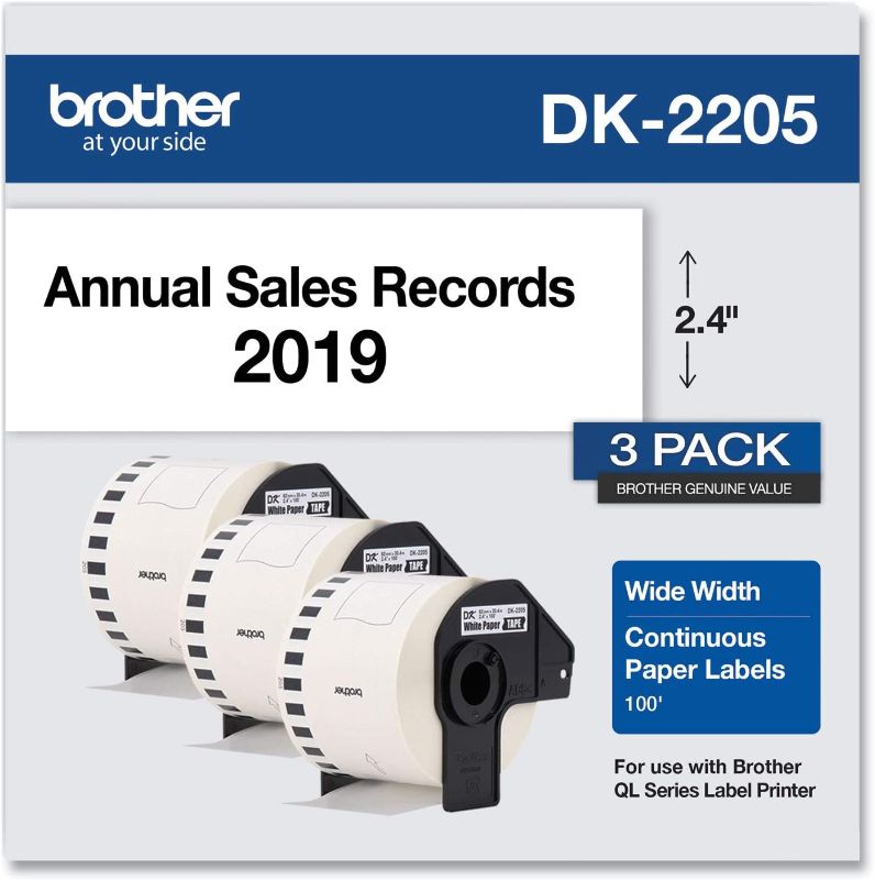 Photo 1 of Brother Genuine, DK-22053PK Continuous Paper Label Roll, Cut-to-Length Label, 2.4” x 100 Feet, (3) Rolls Per Box, White (DK22053PK)