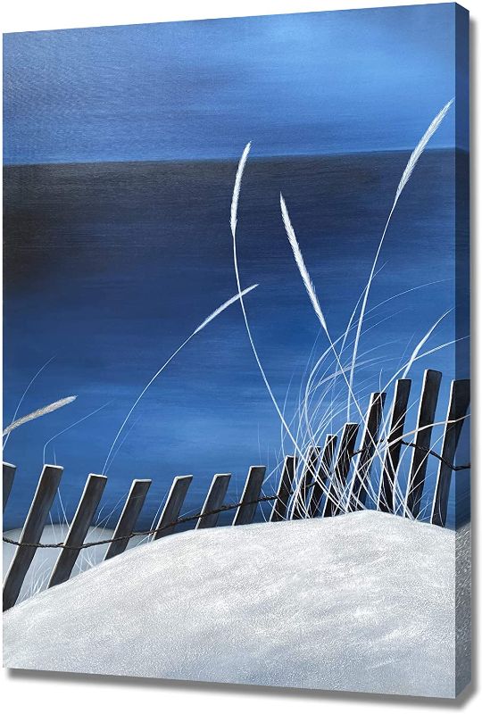 Photo 1 of BATRENDY ARTS Large Ocean Beach Canvas Wall Art Decor Indigo Blue and White Sea Wave and Sky at Night Framed Artwork Print Painting with Fence and Bulrush for Guest Room Decor
