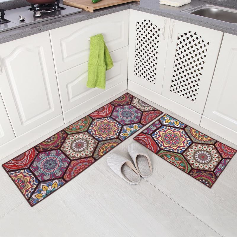 Photo 1 of Carvapet 2 Pieces Non-Slip Kitchen Rug Mat Runner Set Doormat Vintage Design Boho Style, Hexagon (15"x47"+15"x23")
