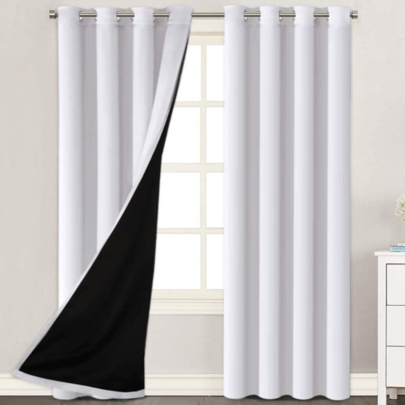 Photo 1 of 100% Blackout White Curtains 84 Inches Long (2 Layers) Full Light Blocking Lined Window Curtain Draperies for Bedroom Thermal Insulated Soft Thick Silky Grommet 2 Panels, White with Black Liner
