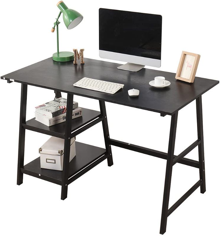 Photo 1 of Soges Computer Desk Trestle Desk Writing Home Office Desk Hutch Workstation with Opening Shelf Storage Desk, Black 47 inches CS-Tplus-120BK
