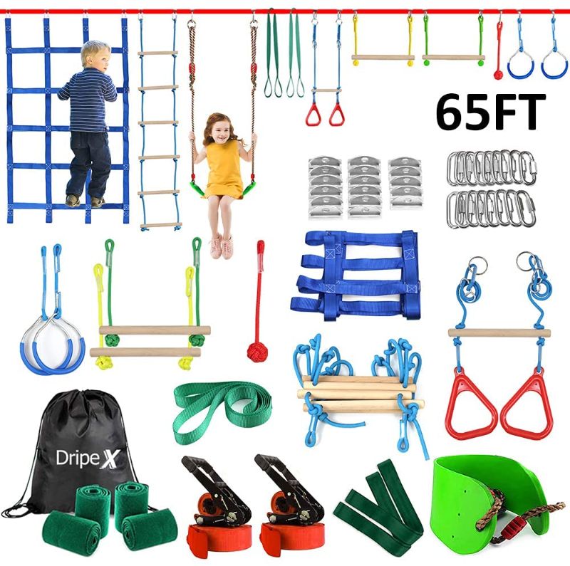 Photo 1 of Dripex Ninja Warrior Obstacle Course for Kids Outside 2x65FT Ninja Slackline with Swing, Rope Ladder, Climbing Net, Ring, Monkey Bars, Ninja Course Training Equipment Set for Backyard
