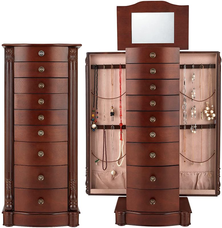Photo 1 of AVAWING Large Standing Jewelry Cabinet Armoire with Top Flip Mirror, 8 Drawers & 16 Necklace Hooks, Jewelry Box Storage Organizer with 2 Side Swing Doors, Retro Wood Standing Jewelry Cabinet Chest
