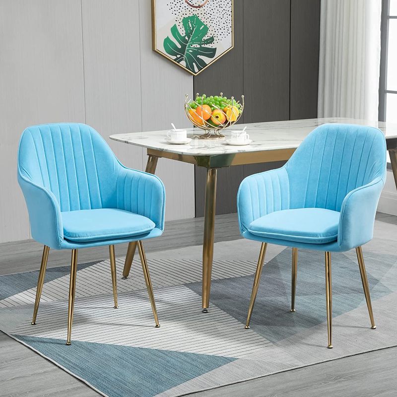 Photo 1 of AVAWING Modern Living Dining Room Accent Arm Chairs Set of 2, Velvet Mid-Century Upholstered Seat Club Guest with Golden Legs, Light Blue
