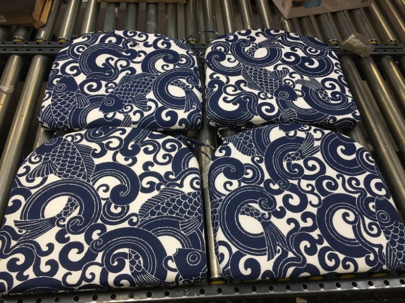 Photo 2 of 4PK DINING CHAIR CUSHIONS WITH TIES NAVY/WHITE KOI FISH