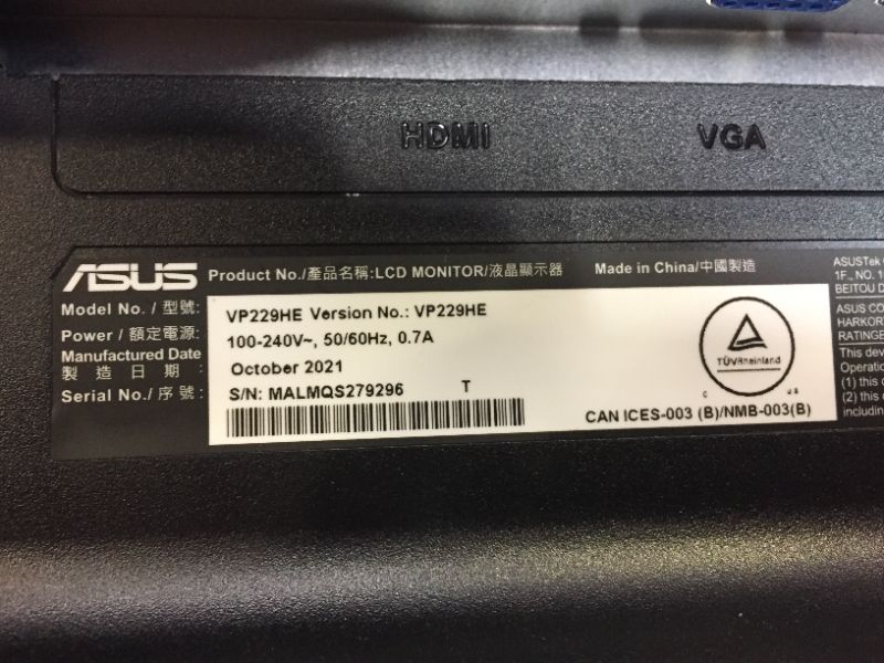 Photo 9 of ASUS VP229HE 21.5” Monitor, 1080P Full HD, 75Hz, IPS, FreeSync/Adaptive-Sync, Eye Care, HDMI VGA, Frameless, VESA Wall Mountable, BLACK
