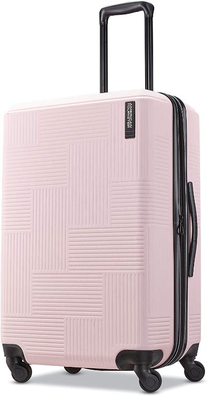 Photo 1 of American Tourister Stratum XLT Expandable Hardside Luggage with Spinner Wheels, Pink Blush, Checked-Medium 25-Inch
