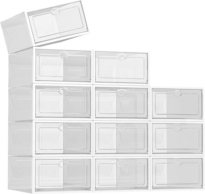 Photo 1 of SEE SPRING 12 Pack Shoe Storage Box Shoe Box Clear Plastic Stackable Drop Front Shoe Organizer Space Saving Foldable Shoe Container Bin Fit up to US Size 9